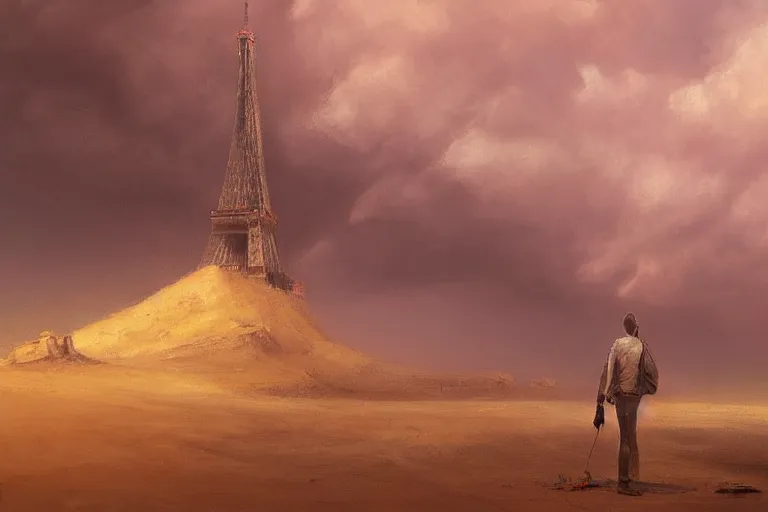 Image similar to a man in the desert looking at the summit of the Eiffel Tower emerging from the sand by Jonas De Ro, digital painting, atmospheric, sand, stormy horizon