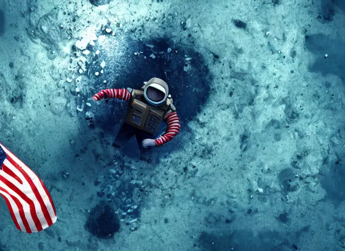 Prompt: astronaut underwater putting a flag in the sand of the bottom of the ocean. there is a submarine that looks like a rocket in the distance. dark, concept art, cinematic, dramatic, atmospheric, 8 k, trending on artstation, low visibility, zack snyder