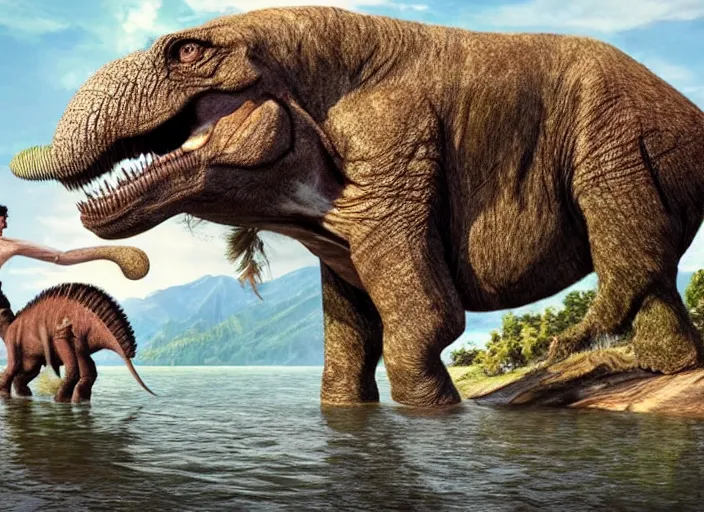 Prompt: a tyrannosaurius elephant chimera walking besides a jurassic lake, with a man budgie chimera riding on his back,