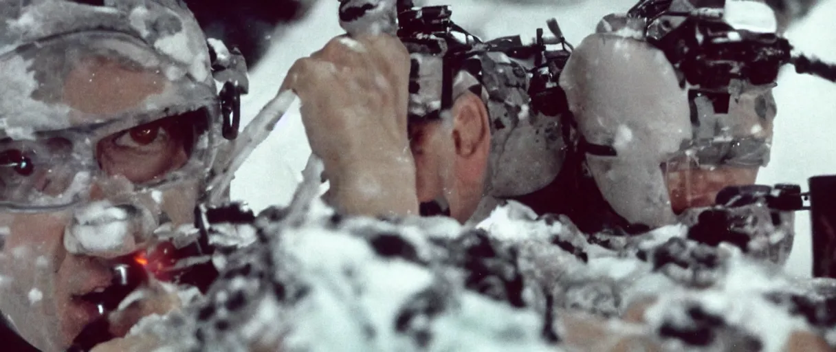 Image similar to filmic extreme close up shot movie still 4 k uhd interior 3 5 mm film color photograph of a scientist attacking a camouflaged solder in a lab in antarctica by grabbing him with his claw