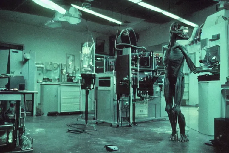 Image similar to a scary filmic wide shot color ground level angle movie still 35mm film photograph of the full body of a dangerous shape shifting alien creature, with multiple mutated snarling drooling human faces with a grotesque variety of human and animal limbs protruding from its lower torso inside of a 1970s science lab, neon lights, dirty, ektachrome photograph, volumetric lighting, f8 aperture, cinematic Eastman 5384 film