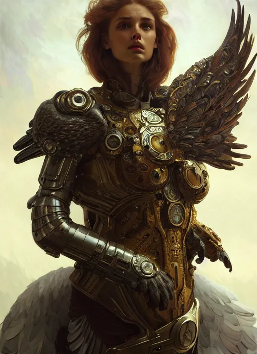 Prompt: a anthropomorphic eagle wearing scifi armor, diffuse lighting, fantasy, intricate, elegant, highly detailed, lifelike, photorealistic, digital painting, artstation, illustration, concept art, smooth, sharp focus, art by John Collier and Albert Aublet and Krenz Cushart and Artem Demura and Alphonse Mucha