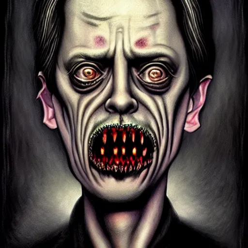 Prompt: disturbing grunge still of a lovecraftian demon infested steve buscemi, crayon horror art in dark and muted colors, by arthur adams, by tom bagshaw, by mike allred, by kikuchi hideyuki