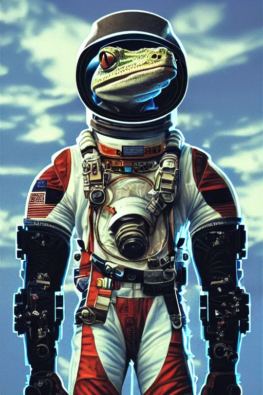 Image similar to a portrait of a muscular anthropomorphic cyberpunk gecko lizard with big head in spacesuit armor with ensignia on chest plate by sandra chevrier, by jon foster, detailed render, pistol in holster, tape deck, epic composition, cybernetics, 4 k realistic, cryengine, realistic shaded lighting, sharp focus, masterpiece, by enki bilal