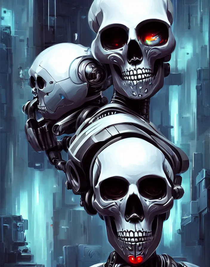 Image similar to skull - headed robot cyborg painting, illutstration, concept art, cyberpunk, futurism, comics art, artgerm, full body shot, wide angle