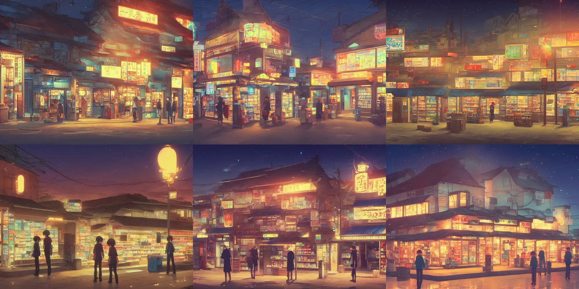 Prompt: glowing convenience store in a quiet rural village, night time, anime by makoto shinkai, 4 k
