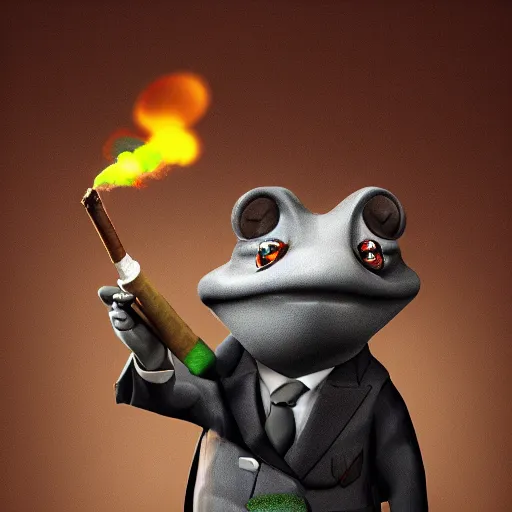 Image similar to a high quality photo of an antropomorphic mafia frog wearing a suit smoking a cigar, 3d scene, render, ultra realistic, artstation, cgsociety