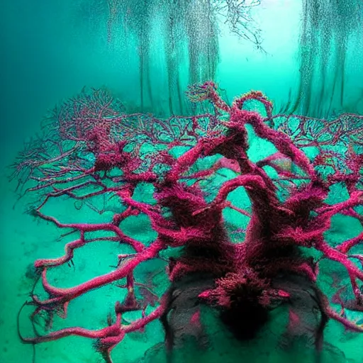 Prompt: roots underwater, award winning magenta and white photography, high contrast, high definition