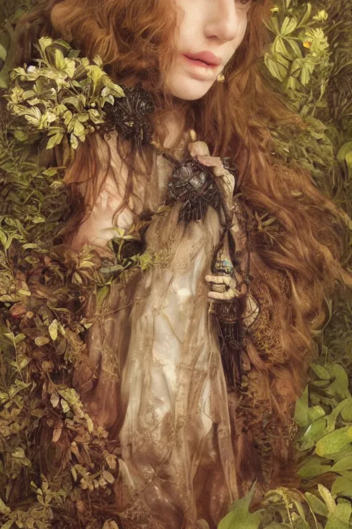 Prompt: An extremely beautiful pre-raphaelite ornate portrait of a very beautiful witch, ultradetailed, intricate, elegant, digital art painting, concept art, smooth, sharp focus, magazine art cover illustration, regal, award winning picture, extremely detailed masterpiece, sense of awe, featured on Artstation, Artgerm, ethereal bubbles, Aetherpunk, atmospheric lightning, Exquisite floral details, 8K detail post-processing