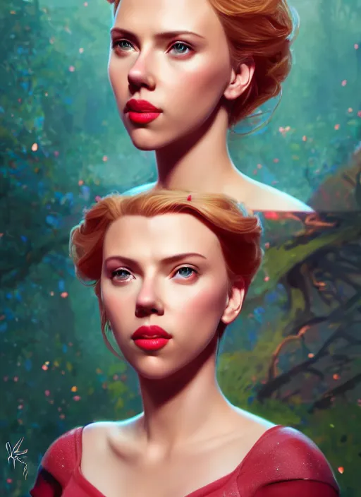 Image similar to scarlett johansson as a disney princess, au naturel, hyper detailed, digital art, trending in artstation, cinematic lighting, studio quality, smooth render, unreal engine 5 rendered, octane rendered, art style by klimt and nixeu and ian sprigger and wlop and krenz cushart