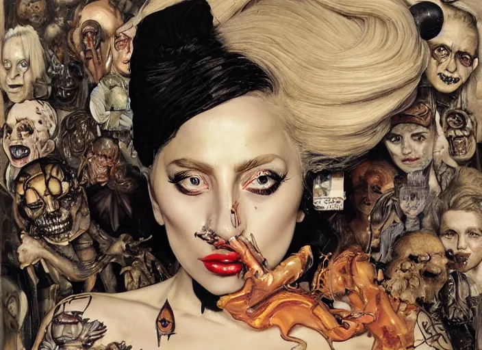 Prompt: lady gaga painting carved in amber by chiara bautista and norman rockwell and greg rutkowski weta studio