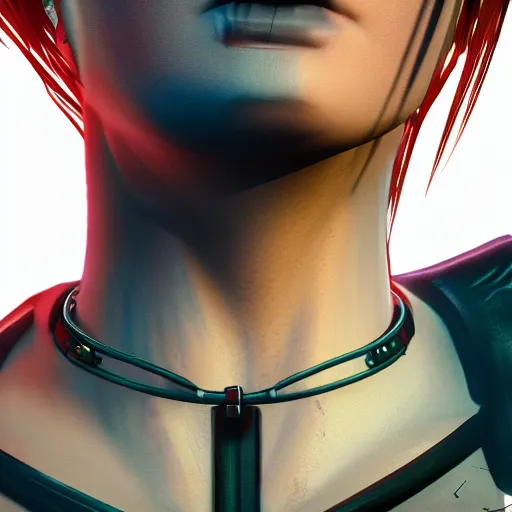 Image similar to female V from Cyberpunk 2077 wearing spiked black collar around neck, realistic, art, beautiful, 4K, HD, collar, choker, collar, choker,