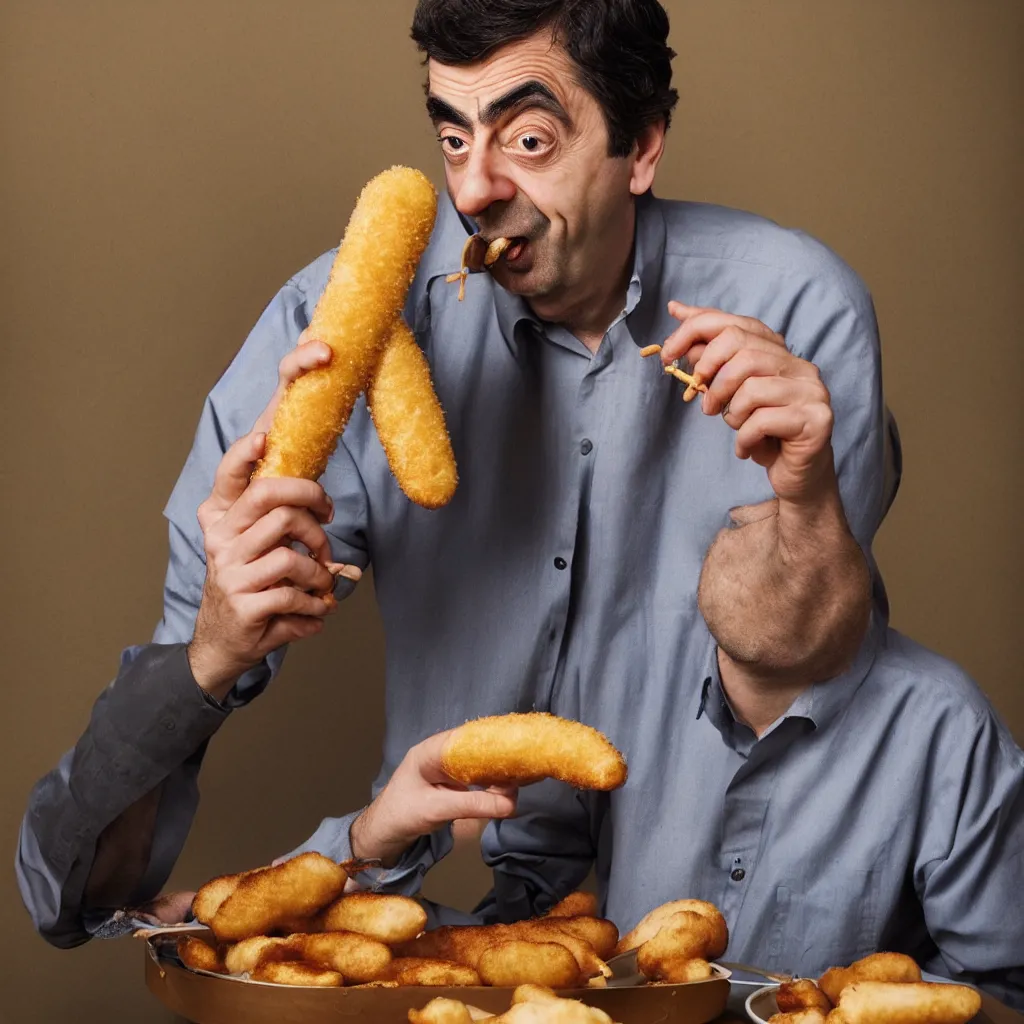 Image similar to An Alec Soth portrait photo of Mr. Bean eating a corndog