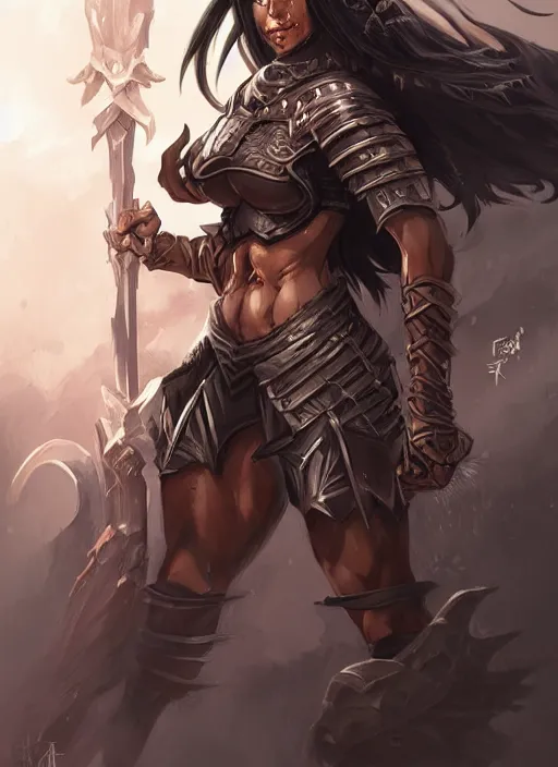 Image similar to beautiful warrior lady, black long hair, practical armor, brown skin, demonic eyes, low fantasy, extremely detailed, sharp focus, smooth, digital illustration, by rossdraws, frank franzzeta, sakimichan