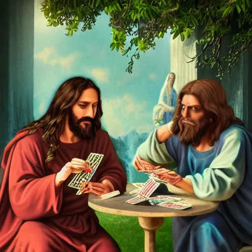 Image similar to Jesus and the Devil playing cards in a garden, photorealistic, award winning, 8k, trending on major art outlets,