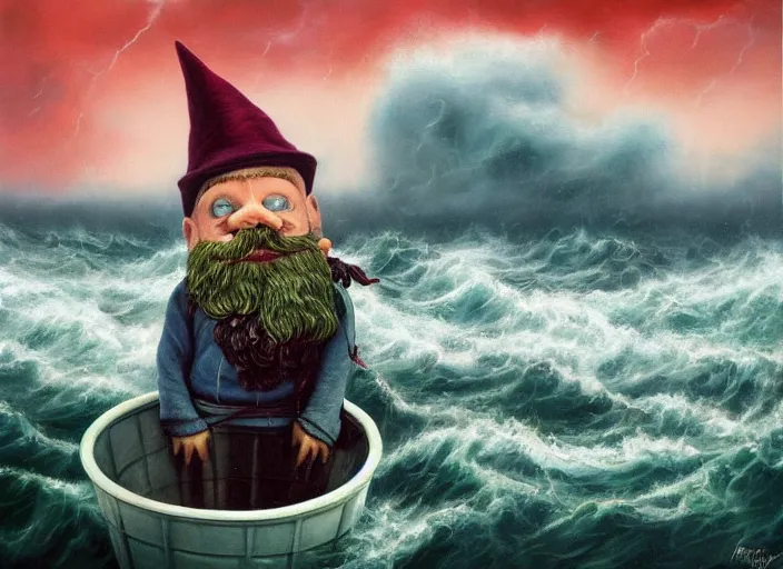 Image similar to a terrified garden gnome sailing in a bucket, background of raging ocean on a stormy day with dramatic clouds, an ultrafine detailed painting by mark ryden, trending on deviantart, pop surrealism, whimsical, lowbrow, rainy, perfect symmetrical face