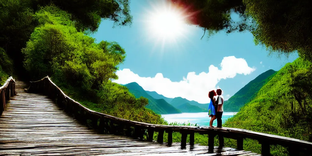 Prompt: dream, photo realism, beautiful nature, sunny day, sunshine lighting high mountains, which are higher than white fluffy clouds with green trees on top, a small wooden bridge connecting two mountains, a loving couple a cute skinny redhead girl in a blue dress, and man with black hair in white t-shirt and black shorts, couple holding hands and kissing, ocean beneath the mountains with clear blue water, whales showing from the waves, cinematic, 8k, highly detailed