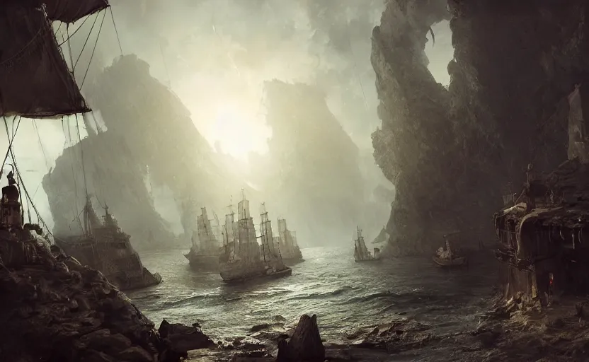 Prompt: A secret pirate shanty town and harbor full of sail ships, in a cave. Underexposed, dark,scenic view. Atmospheric matte painting by Darek Zabrocki and Emmanuel Shiu, 4k ultra detailed, cinematic.
