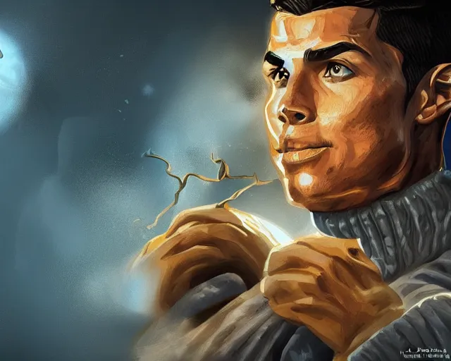 Image similar to cristiano ronaldo as a strong fantasy magician who does magic, fantasy art, in the style of Frank Neidhardt, illustration, epic, fantasy, intricate, elgant, amazing detail, digital painting, artstation, concept art, smooth, sharp focus