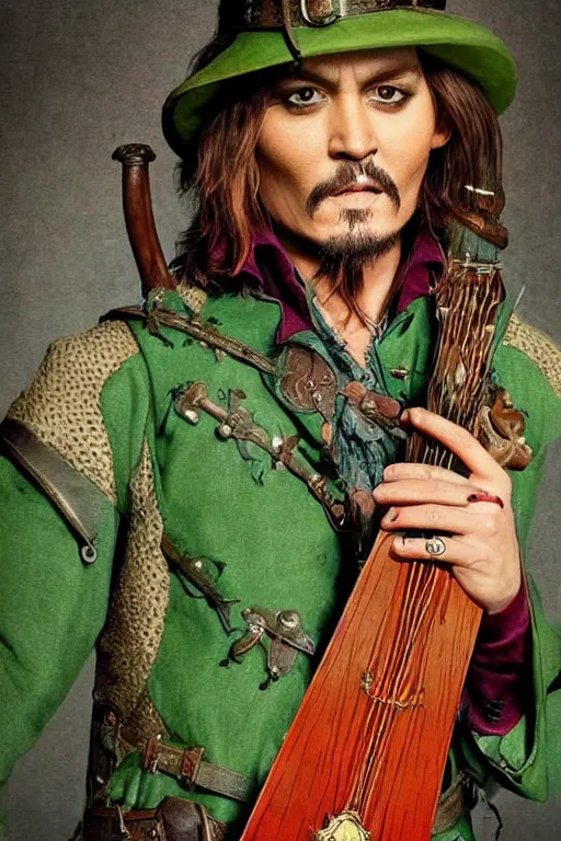 Image similar to Breathtaking comic book style of Johny Depp portrayed as a Dungeons and Dragons bard, playing the lute and wearing a pale green jacket in the style of Ralph Dorsey