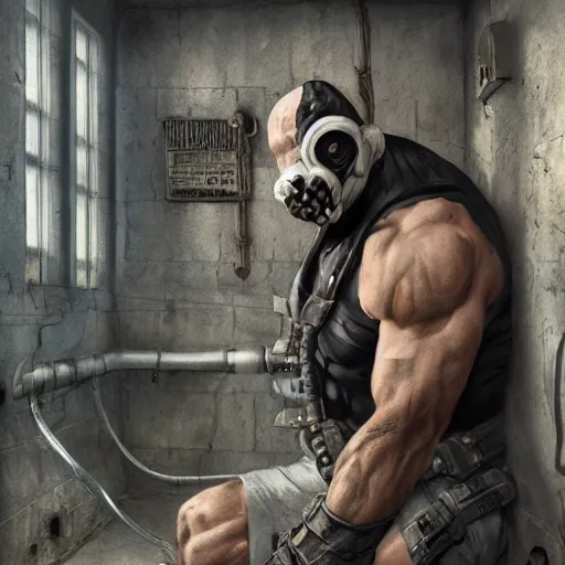 Image similar to bane in a prison cell, au naturel, hyper detailed, digital art, trending in artstation, cinematic lighting, studio quality, smooth render, unreal engine 5 rendered, octane rendered, art style by klimt and nixeu and ian sprigger and wlop and krenz cushart