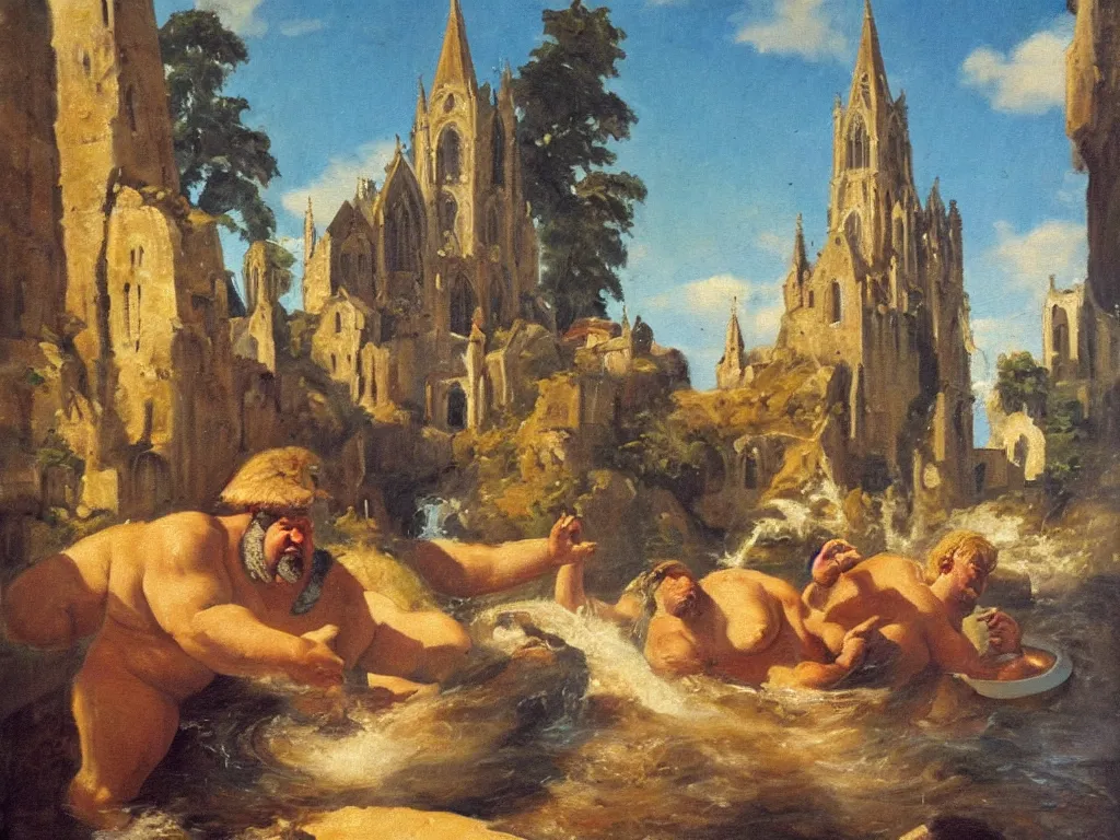 Image similar to an oil painting of obelix taking a bath in a beautiful cathedral