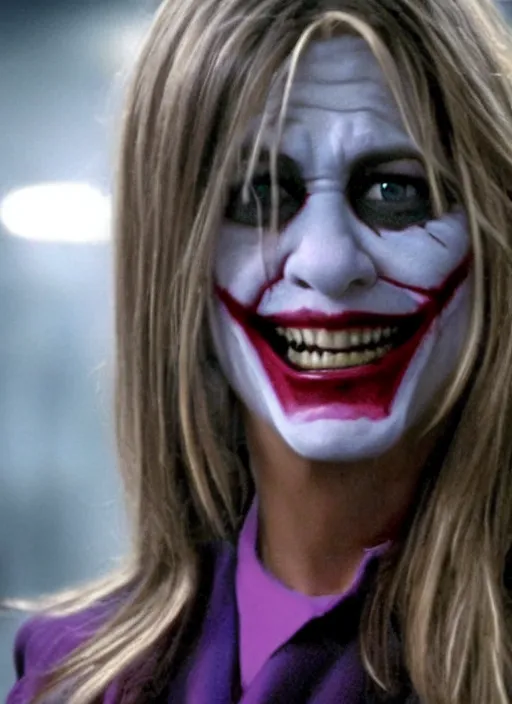 Image similar to film still of Jennifer Aniston as The Joker in The Dark Knight, 4k