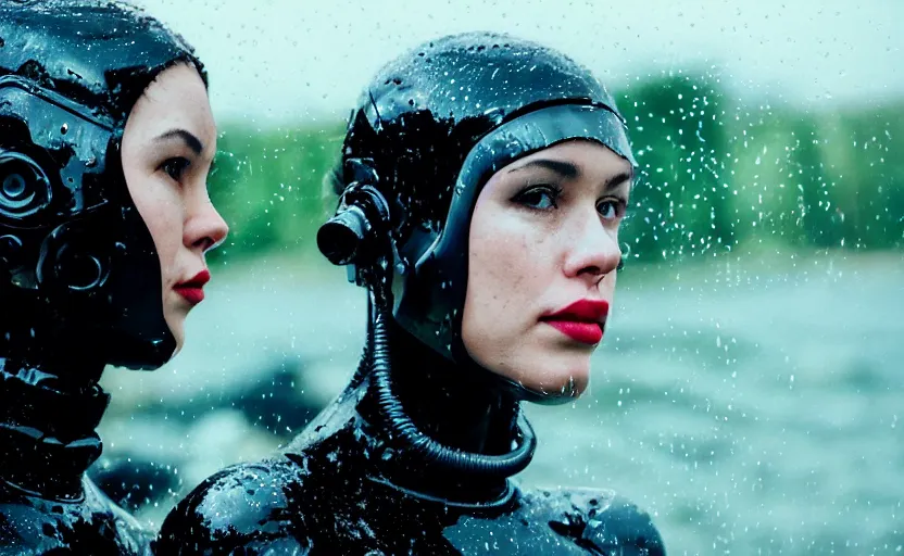 Image similar to cinestill 5 0 d candid action photographic portrait by quentin tarantino of two loving female androids wearing rugged black mesh techwear in treacherous waters, extreme closeup, modern cyberpunk tesla retrofuturism moody emotional cinematic, pouring iridescent rain, 8 k, hd, high resolution, 3 5 mm, f / 3 2, motion blur, ultra realistic faces, ex machina