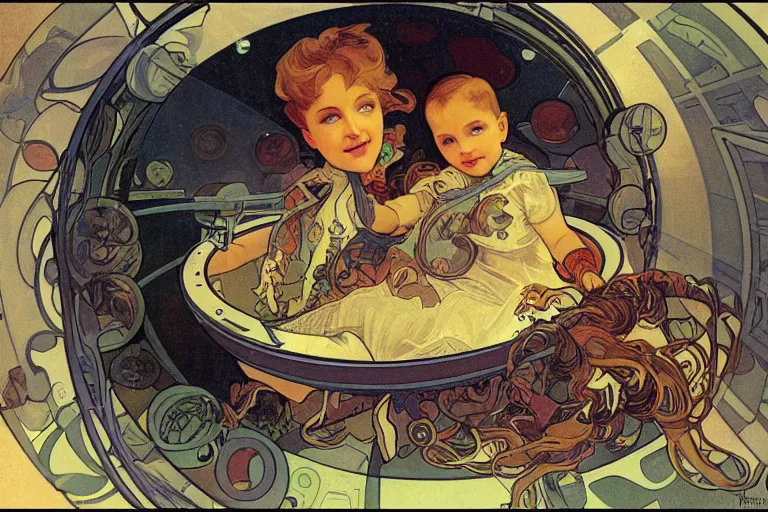 Prompt: a baby in a spaceship, very detailed, smooth render, illustration, art style by Alphonse Mucha