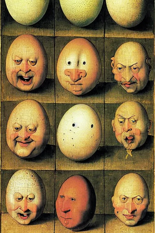 Prompt: egg heads with round humpty dumpty silly facial expressions, realistic, by hieronymus bosch and pieter brueghel