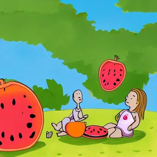 Prompt: a cartoon of a watermellon and an orange having a picnic. digital art. children's book illustration