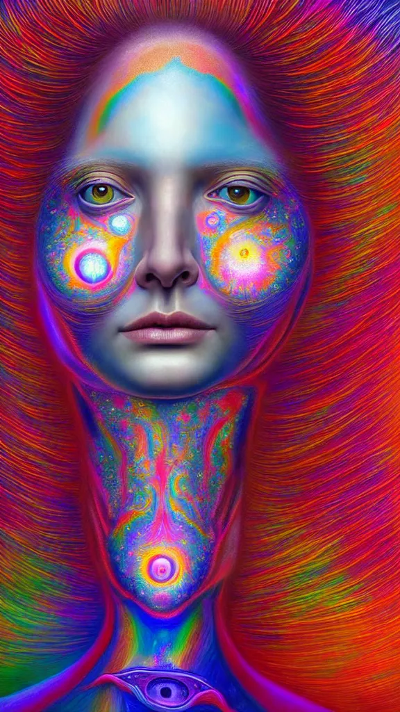 Image similar to hyperrealistic abstract close-up female portrait Renaissance psychedelic!! celestial happy! pure creature!! peaceful! kind spirit of nature! beautiful fractal!! eyes! highly detailed concept art eric zener elson peter cinematic hard rainbow lighting high angle hd 8k sharp shallow depth of field endless, inspired by Zdzisław Beksiński Salvador Dali