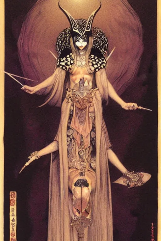 Image similar to kabuki viking priestess by wayne barlowe, gustav moreau, goward,  Gaston Bussiere and roberto ferri, santiago caruso, and austin osman spare, ((((occult art))))