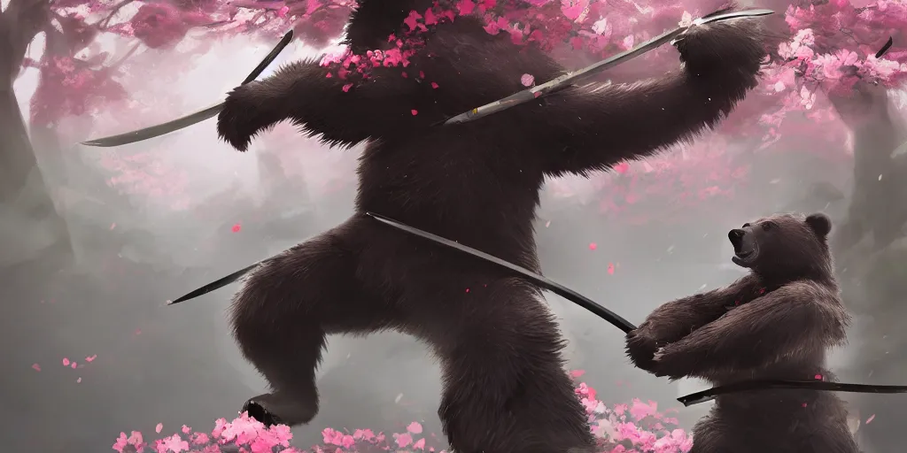 Image similar to an environmental concept art of samurai anthropomorohic black bear, samurai duel, sakura petals blowing in the wind, highly detailed, environmental light, epic, 8 k, artstation, deviantart, award winning, cinematic by francis tneh