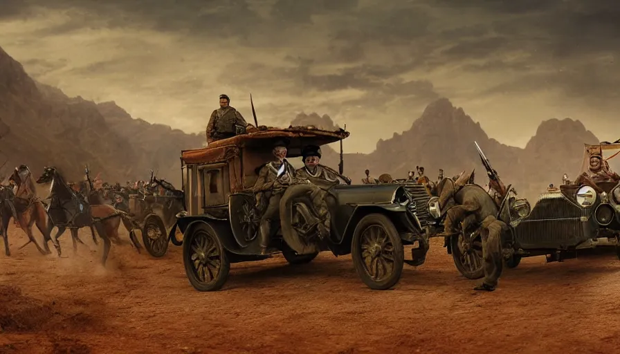 Image similar to british army driving a car in 1921 in indian village, tribe members attacking, action scene, an epic fantasy, dramatic lighting, cinematic, establishing shot, extremely high detail, photorealistic, cinematic lighting, artstation, by christopher nolan, horizon forbidden west