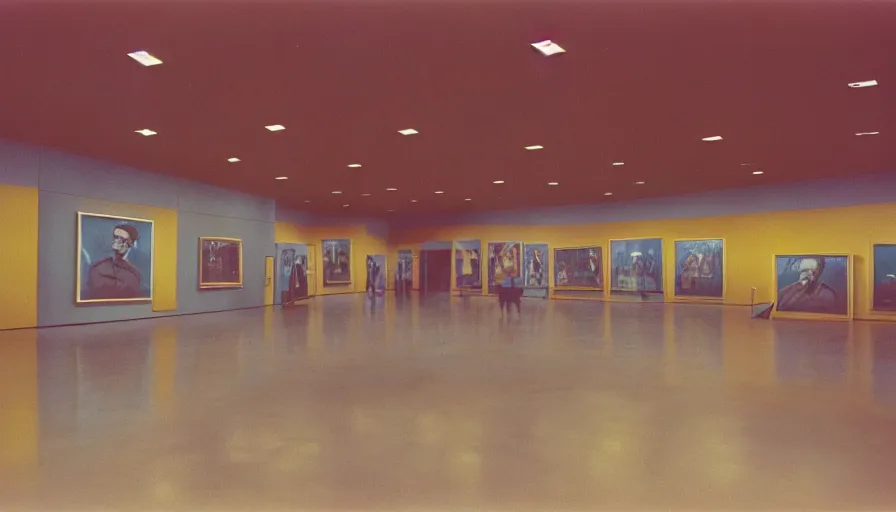 Prompt: 60s movie still of a sovietic stalinist style empty art museum with a soviet congress with yellow wall, cinestill 800t, liminal Space style, heavy grain