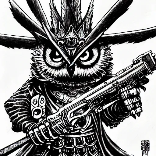 Image similar to Owl King carrying a machine gun (YU-GI-OH, Card Game), artwork by kentaro miura, Kentaro Miura style, Berserk Style, High details, cinematic composition, manga, black and white ink style, a lot of details with ink shadows