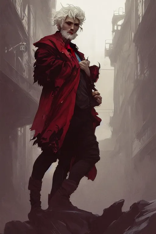 Image similar to portrait of a beautiful young fit male vampire with curly white hairs, dressed with urban clothes, by greg rutkowski and alphonse mucha, d & d character, gradient white to red, modern nocturnal background, highly detailed portrait, digital painting, artstation, concept art, smooth, sharp focus ilustration, artstation hq