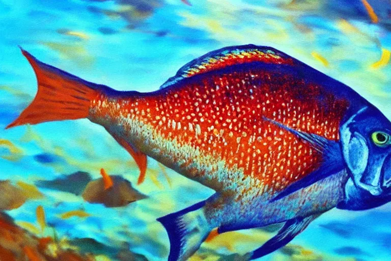 Image similar to fish, fantasy, painting, ultra realistic!!!, clear weather, golden hour, sharp focus