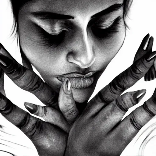 Prompt: Stunning portrait of Indian womans face with her hands covering her eyes, black ink is pouring down from her eyes, music album cover, artstation, pixivi