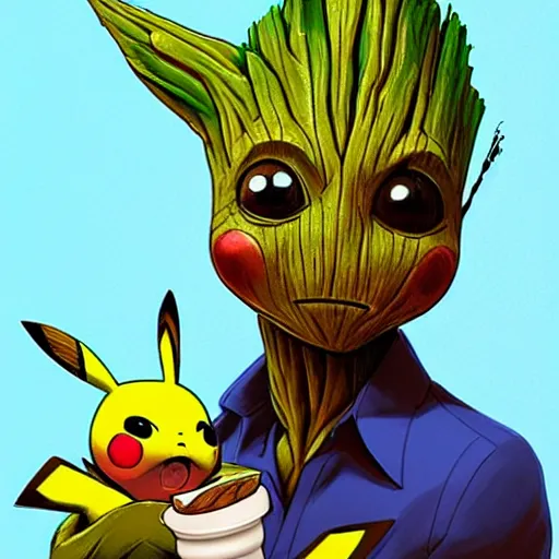 Image similar to Groot and baby Yoda eating an ice cream. In the back we see Pikachu, very detailed and beautiful lighting !highly detalied, 8k, artstation, by Rolf Armstron