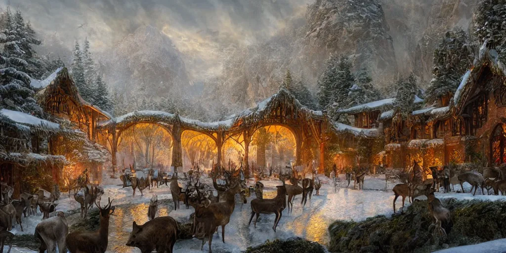 Prompt: Rivendell Christmas winter with deers, detailed matte painting, cinematic, Alan Lee, Artstation