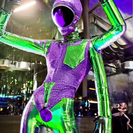 Image similar to conde nast traveler photo, inside a futuristic detailed alien jungle made out of shiny reflective chrome, futuristic android with limbs made out of stretchy rubber tubing mixed with shiny colorful giant intricate detailed chrome gauntlets and chest piece and discoball mask, wearing a long purple velvet cape, fog and mist