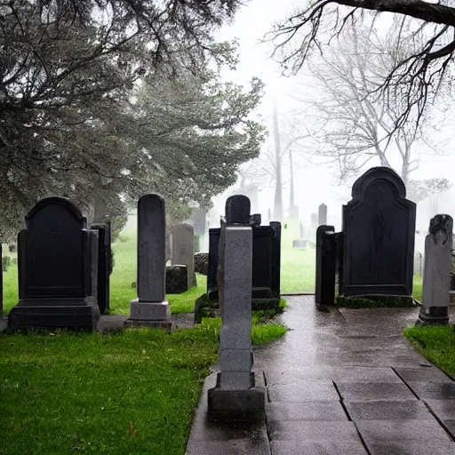 Prompt: Creepy entrance of a cemetery with a grey weather