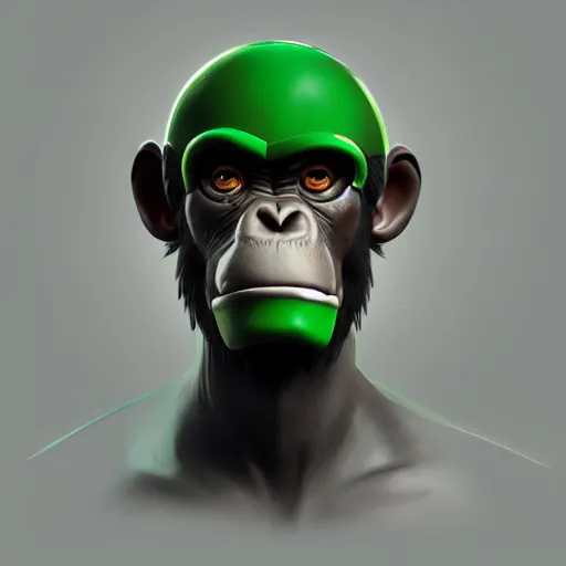 Prompt: stylized character portrait, of a cyborg chimpanzee super soldier with a green visor, artstation, octane engine, professional art