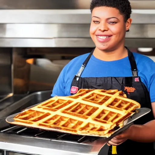 Image similar to wafflehouse restaurant employee inside a Wafflehouse cooking food on a Wafflehouse flat top grill