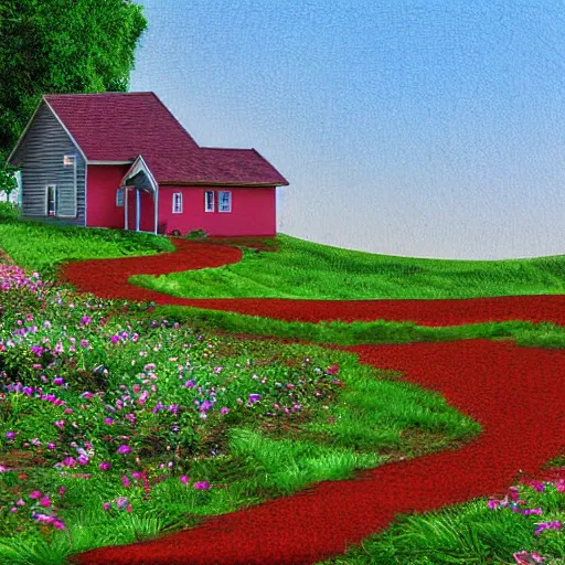 Image similar to blooming gravel path, house on a hill, digital art