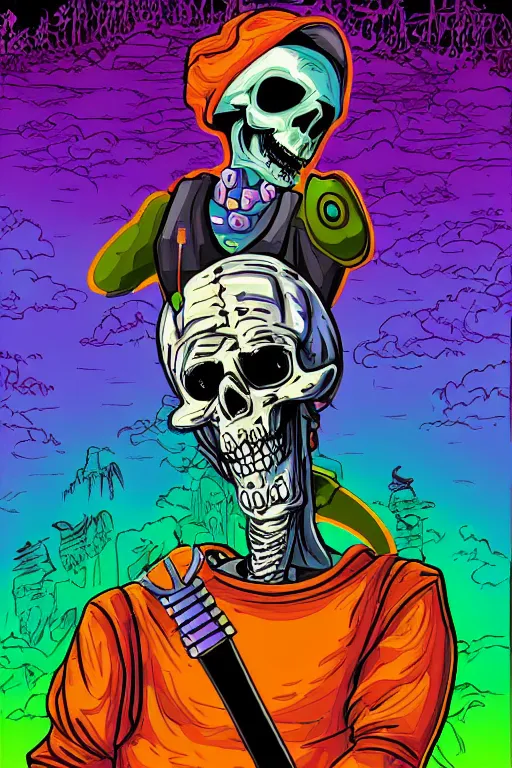 Image similar to illustration of a hip hop skeletor, art by meow wolf