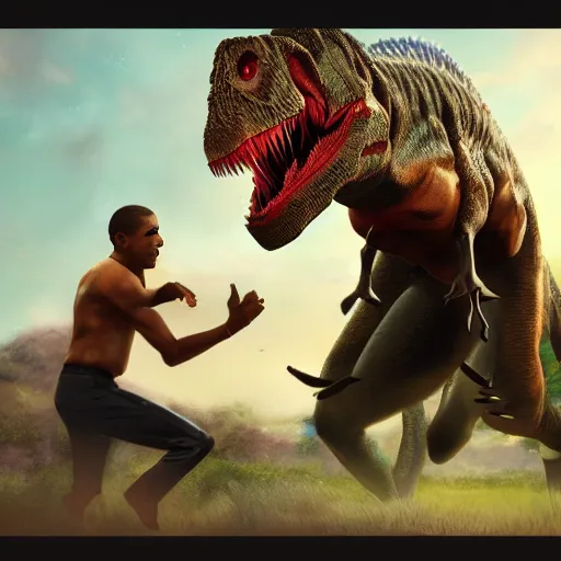 Image similar to obama fighting a t - rex, trending on artstation, 4 k, 8 k