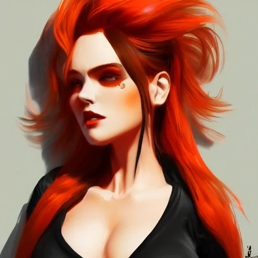 Image similar to a woman wearing black and orange clothes, full body shot, red hair, highly detailed, digital painting, artstation, concept art, smooth, sharp focus, illustration